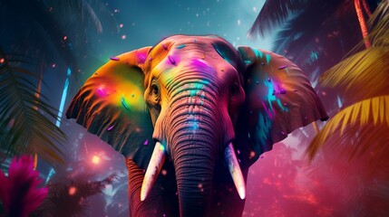 Elephant head with colorful light and palm tree background. 3D rendering