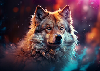 Naklejka premium A majestic, thick-coated wolf-dog stares intently at a vibrant background mixing warm and cool tones. Soft lighting highlights his features, giving off a gentle glow.AI generated.