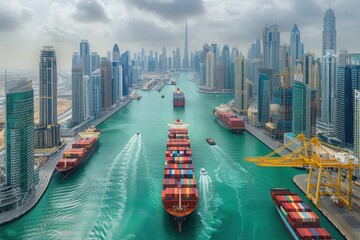 Cargo ships navigate through a bustling waterway amidst towering buildings - obrazy, fototapety, plakaty