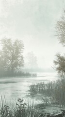 Fototapeta na wymiar A dense fog rolling over a tranquil river, shrouding the landscape in an ethereal mist