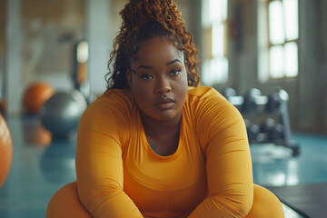 plus size overweight black woman in sportwear doing sport exercises at gym fitness twith sweaty face. Sports training equipment workout, AI - obrazy, fototapety, plakaty