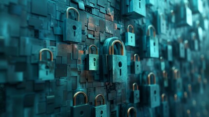 Protezione dei dati come un muro impenetrabile, con lucchetti e barriere virtuali