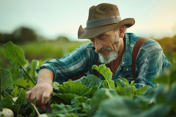 Agricoltore intento a raccogliere verdure biologiche, sottolineando il legame uomo-natura e l'importanza della coltivazione sostenibile. - obrazy, fototapety, plakaty