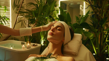 Esperienza spa di lusso, con una giovane donna rilassata che riceve un trattamento viso