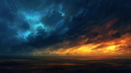 A dramatic thunderstorm brewing over a vast expanse of rolling plains, with lightning illuminating...