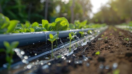 Sistema di irrigazione a goccia automatizzato utilizzato in un'azienda agricola biologica. Efficienza nell'uso delle risorse idriche. - 765866407