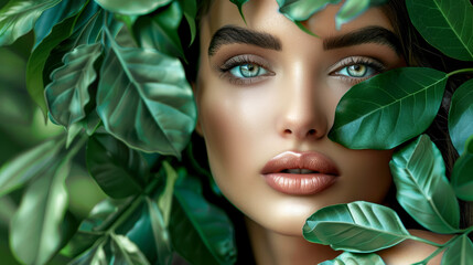 Primo piano sul visto di una bella donna adornato con lussureggianti foglie verdi. Concetto di trattamenti naturali di bellezza e cura della pelle. - 765866446