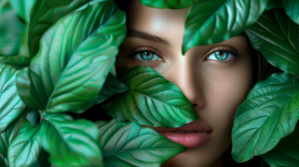 Primo piano sul visto di una bella donna adornato con lussureggianti foglie verdi. Concetto di trattamenti naturali di bellezza e cura della pelle. - 765866458