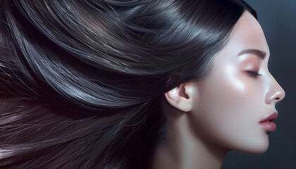 Donna elegante con capelli lucenti e sani. Promuovendo l'efficacia di uno shampoo premium - 765866474