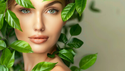 Primo piano sul visto di una bella donna adornato con lussureggianti foglie verdi. Concetto di trattamenti naturali di bellezza e cura della pelle. - obrazy, fototapety, plakaty