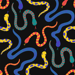 vector colorful doodle snakes seamless pattern on black.