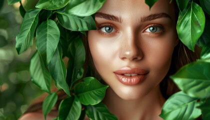 Primo piano sul visto di una bella donna adornato con lussureggianti foglie verdi. Concetto di trattamenti naturali di bellezza e cura della pelle. - 765866486