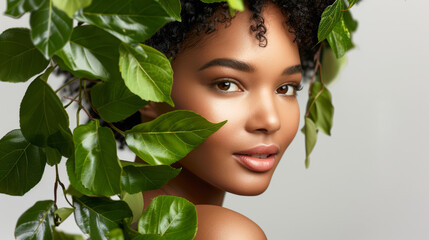Primo piano sul visto di una bella donna adornato con lussureggianti foglie verdi. Concetto di trattamenti naturali di bellezza e cura della pelle. - 765866498