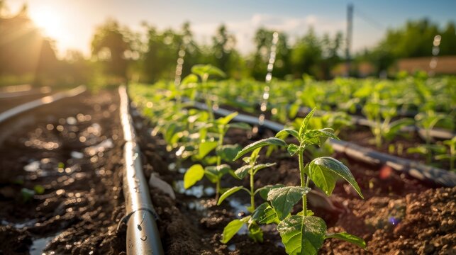 Sistema di irrigazione a goccia automatizzato utilizzato in un'azienda agricola biologica. Efficienza nell'uso delle risorse idriche.