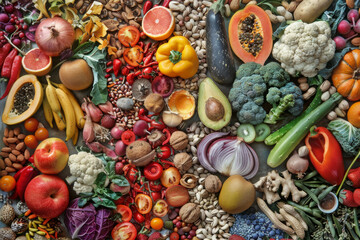Disposizione artistica di ingredienti freschi come frutta, verdura, noci e semi, a rappresentare la varietà e la vitalità di una dieta sana. - 765866629