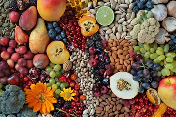 Disposizione artistica di ingredienti freschi come frutta, verdura, noci e semi, a rappresentare la varietà e la vitalità di una dieta sana. - 765866645
