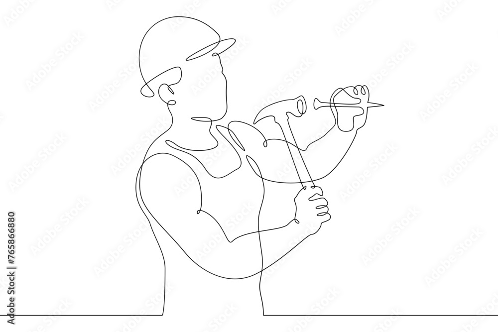Poster one continuous line. construction worker. the builder uses a hammer. construction works. building re