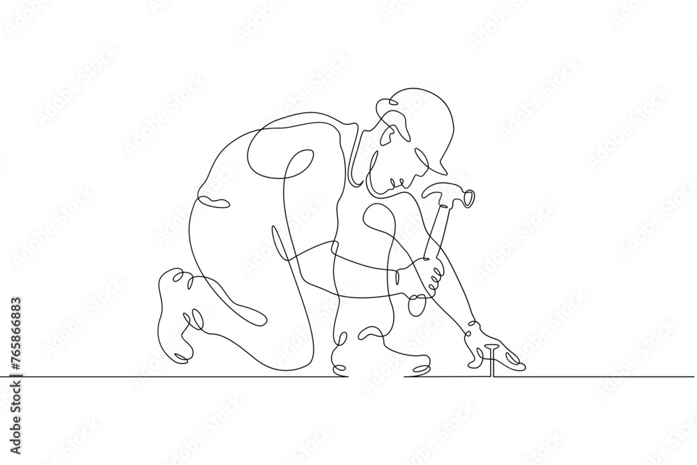 Poster one continuous line. construction worker. the builder uses a hammer. construction works. building re