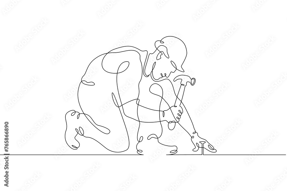 Poster one continuous line. construction worker. the builder uses a hammer. construction works. building re