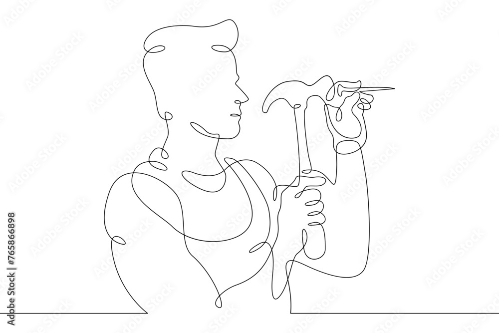 Poster one continuous line. construction worker. the builder uses a hammer. construction works. building re
