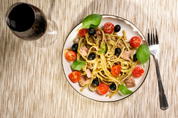pasta with pesto and tuna - 765866848