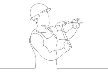 One continuous line. Construction worker. The builder uses a hammer. Construction works. Building renovation. One continuous line is drawn on a white background.