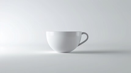 A UHD close-up of a single elegant white coffee cup placed on a pristine white surface, with plenty of blank space nearby suitable for incorporating branding or custom graphics.