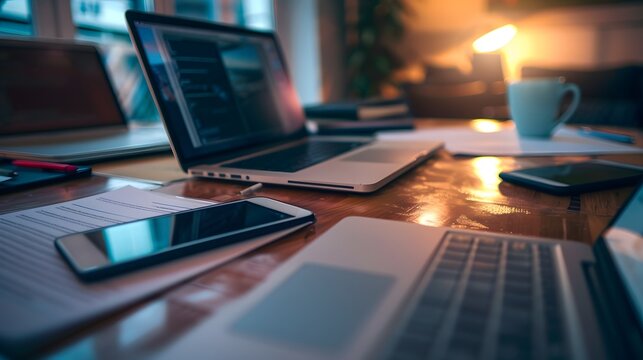 Laptop, mobile phone, tablet and documents on a working table in creative office. Successful teamwork and business startup concept. Toned image