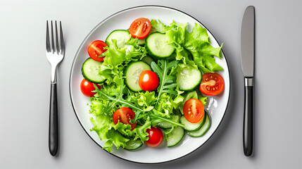 Salad with tomato and cucumber. Healthy diet restaurant. Close up meal. Vegetarian food.