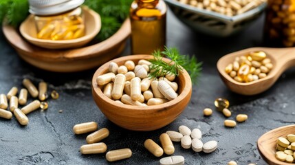 Alternative Medicine and Nutrition: Person Organizing Nutritional Supplements and Vitamins in a Setting Emphasizing Health and Wellness Practices.