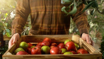 Closeup of Farmer Holding Wooden Crate with Apples.