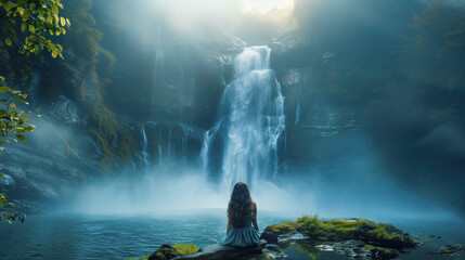 Person relaxing by waterfall
