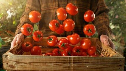 Closeup of Farmer Holding Wooden Crate with Falling Tomatoes. - 765867663
