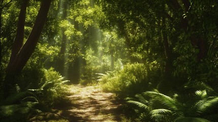 A lush forest with sunlight filtering through the canopy, casting dappled shadows on the forest floor