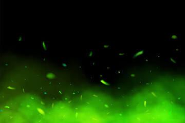Green fire and flying sparks. Green smoke effect overlay. Realistic ight mystic bonfire particles in flame Neon magic fog on dark background - 765867868