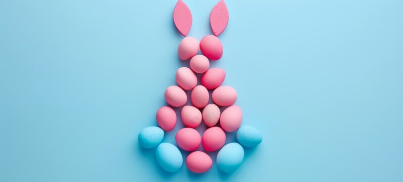 Pink and blue Easter Bunny Silhouette made by eggs minimalism. Pink and blue Easter Bunny and eggs. Happy Easter Cards & Greetings. Easter banner, poster, wallpaper