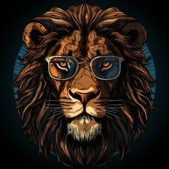 Digital painting of a lion with a brown mane and green eyes, wearing black glasses with a metal frame on a dark blue background, facing the viewer at a slight angle.