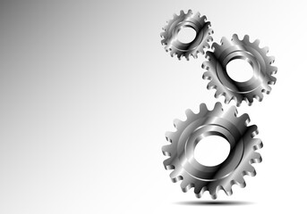 three silver gears on a white background, 3d silver gears