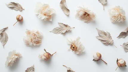 Fototapeta premium Delicate Impressionistic Painting of Rare Beige and White Peonies with Ornamental Leaves in Soft Tones, Emphasizing Paint Texture and Marks.