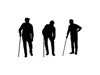 Old man silhouette with a stick. Set of an elderly man with a cane silhouette. Old man walking vector illustration.