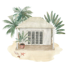 Watercolor  beach house and palm trees. Hand drawn illustration on white background. Vintage style - 765868612