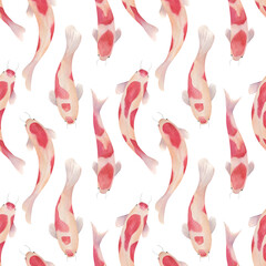 Watercolor seamless pattern with koi fish. Hand drawn illustration on white background