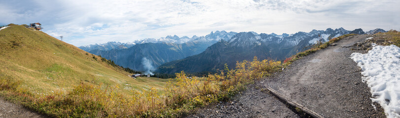 hiking trail at Fellhorn mountain, landscape panorama allgau alps in may