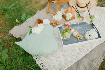 picnic on the grass, pillow, flowers, lemonade, hut, bread