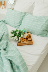 good morning with flowers in bed  and breakfast 