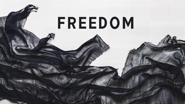 The word "FREEDOM" over black crumpled fabric.