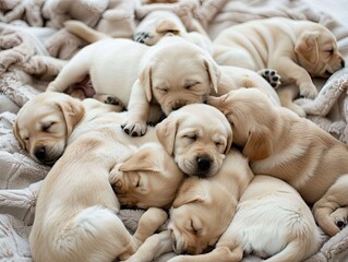 Group of Labrador puppies tumbling over one another in a playful wrestling match on a soft blanket
