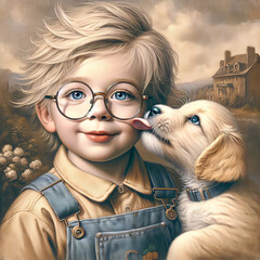 A young boy with tousled blond hair and round glasses smiles gently as a fluffy white puppy licks his face - 765869421