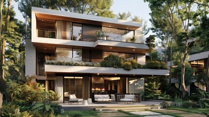 Fototapeta premium Modern townhouse combines white walls and wood. The elegantly designed balcony blends seamlessly into the structure. Bathed in natural light and the sun's rays radiate a gentle glow.