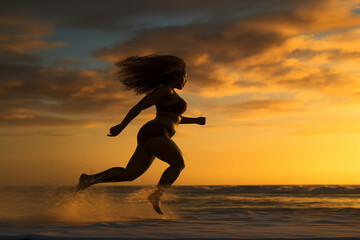 Woman running on the beach in bikini
